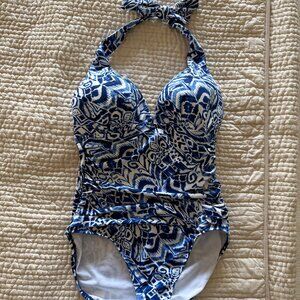 Ralph Lauren One Piece Halter Tie Swim Suit Blue and White Size 10